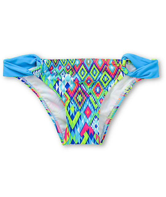Gossip Blue Tribal Print Tab Side Bikini Bottom | Zumiez
