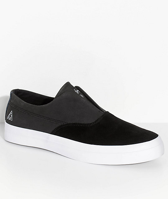 HUF Dylan Slip-On Black, White, Suede & Leather Skate Shoes | Zumiez