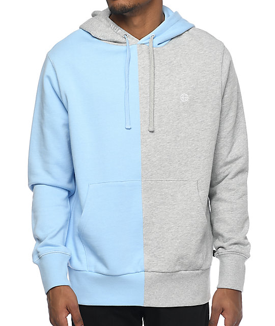 blue hoodie with grey hood