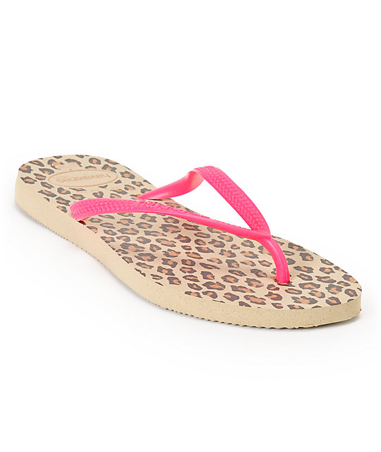 Havaianas Slim Animals Fluo Pink & Leopard Print Flip Flop Sandals | Zumiez