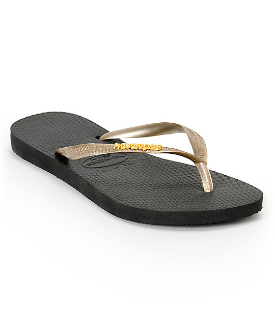 Havaianas Slim Logo Metallic Black & Gold Flip Flop Sandals at Zumiez : PDP