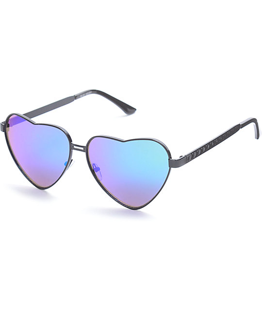Heart Stamped Black Mirror Sunglasses Zumiez Heart Stamped Black Mirror Sunglasses