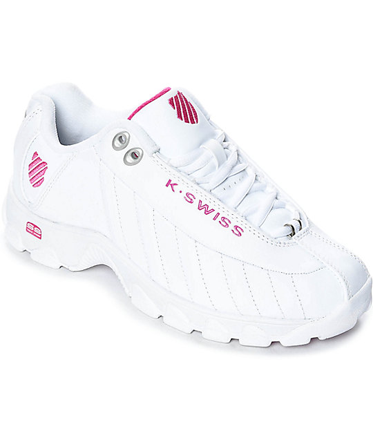 pink and white k swiss shoes