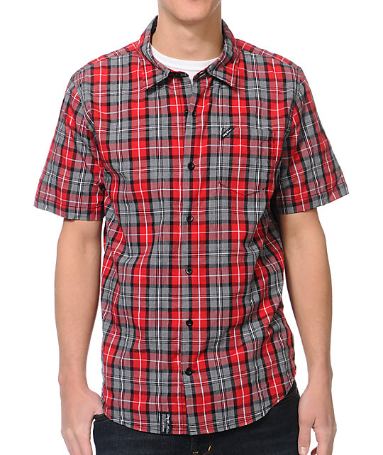 LRG CC Plaid Red Woven Short Sleeve Button Up Shirt