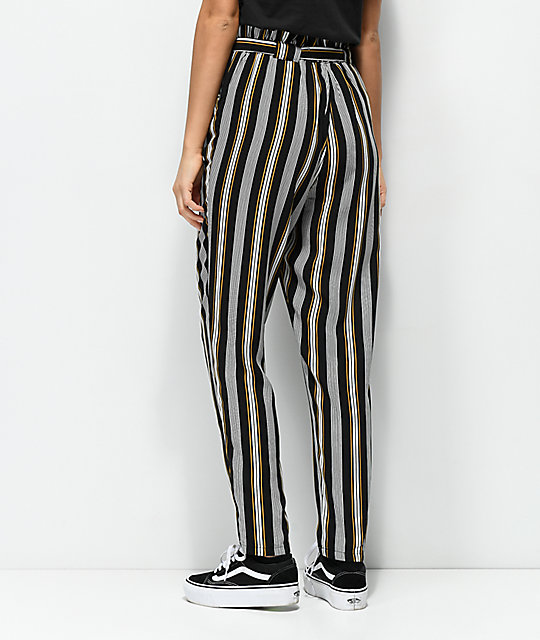 black and white striped paperbag pants