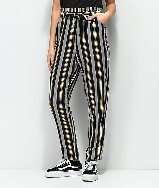 black striped paper bag pants