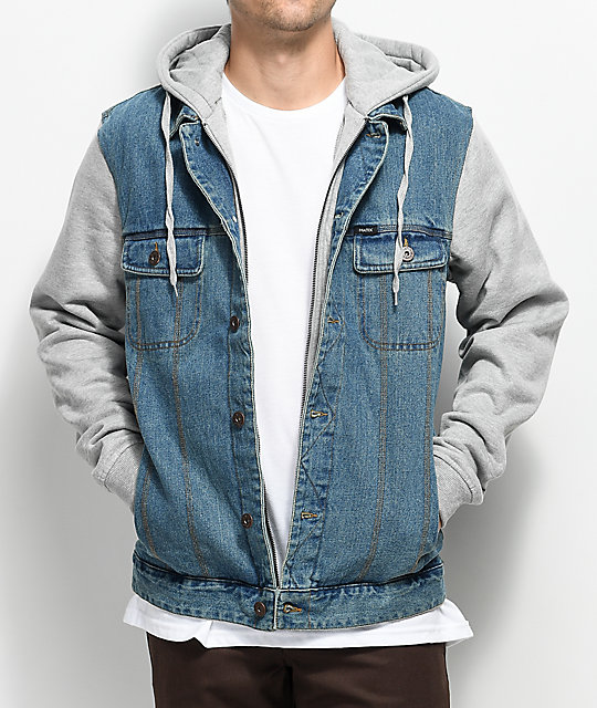 jean jacket with gray hood