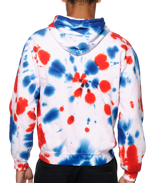 red and blue tie dye hoodie