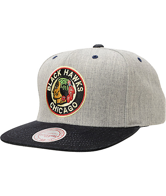 NHL Mitchell and Ness Blackhawks Grey Denim 2Tone Snapback Hat | Zumiez