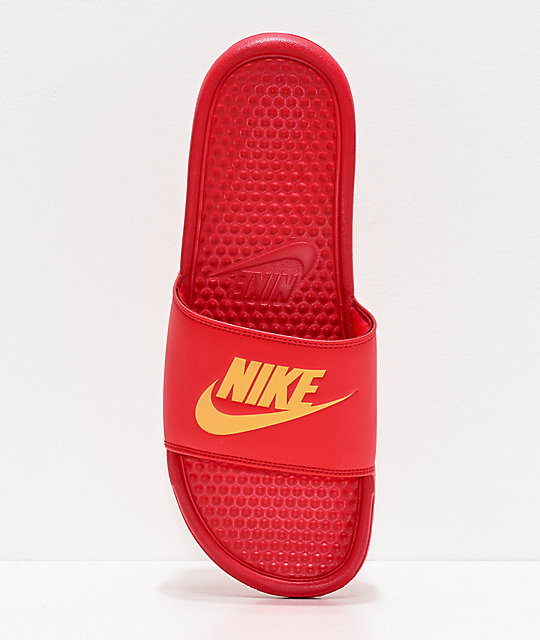 nike red and gold slides