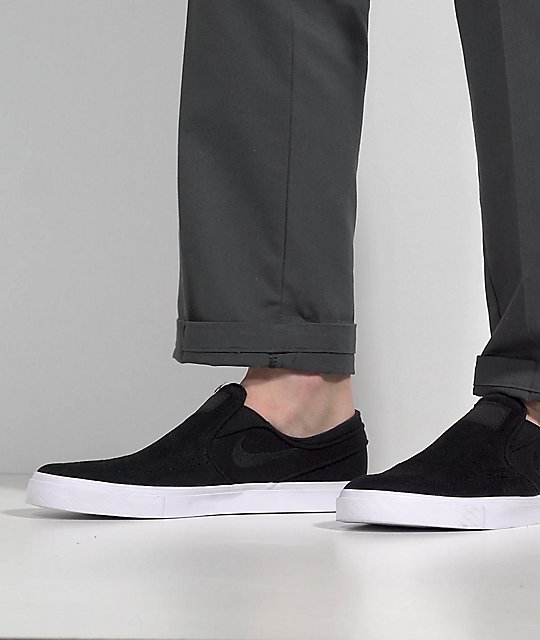 Etna interview Verbonden Nike SB Janoski Black, White, Suede & Canvas Slip-On Skate Shoes
