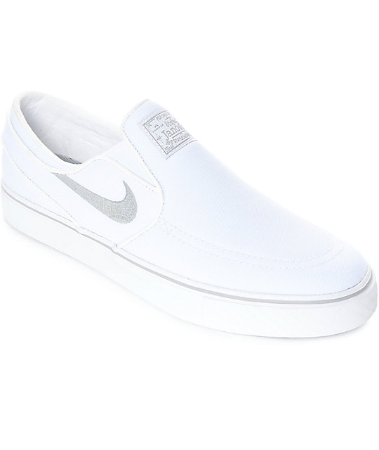 Nike SB Janoski White & Wolf Grey Slip-On Canvas Skate Shoes | Zumiez