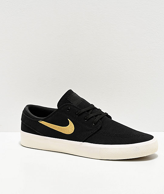 Nike SB Janoski zapatos de skate de lienzo negro, dorado y blanco 