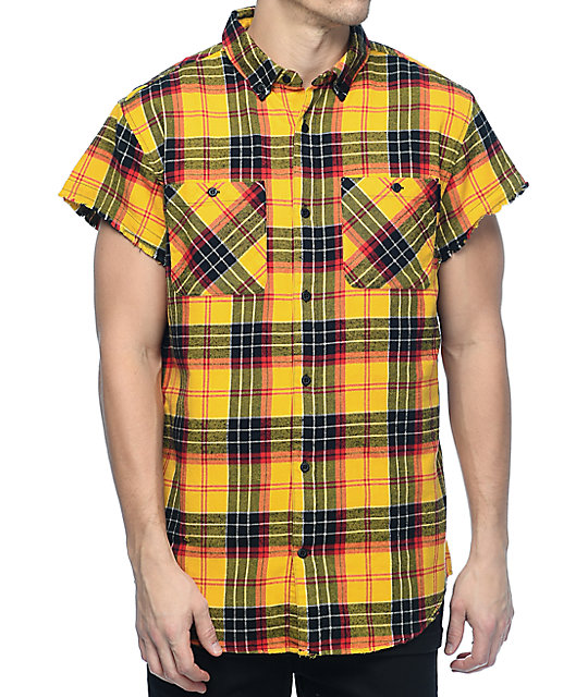Ninth Hall Enzo Yellow & Red Destroyed Short Sleeve Flannel Shirt | Zumiez