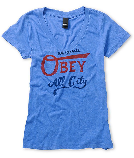 Obey All City Original Blue V-Neck T-Shirt | Zumiez