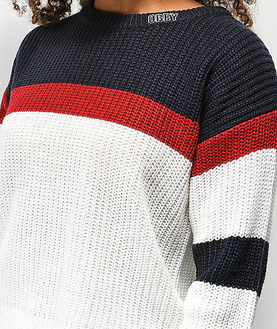 Obey Allie Striped Navy Red White Crew Neck Crop Sweater Zumiez