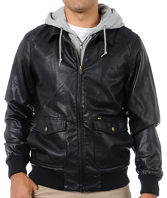 obey black leather jacket with hooded