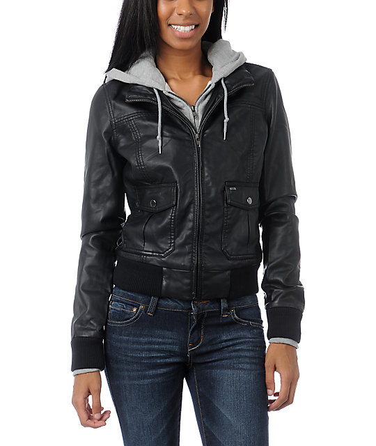 black leather jacket with grey hoodie womens