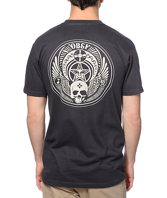Obey Skull and Wings Charcoal T-Shirt | Zumiez