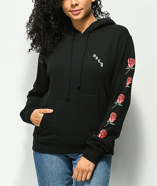 hoodie with roses on sleeves and hood