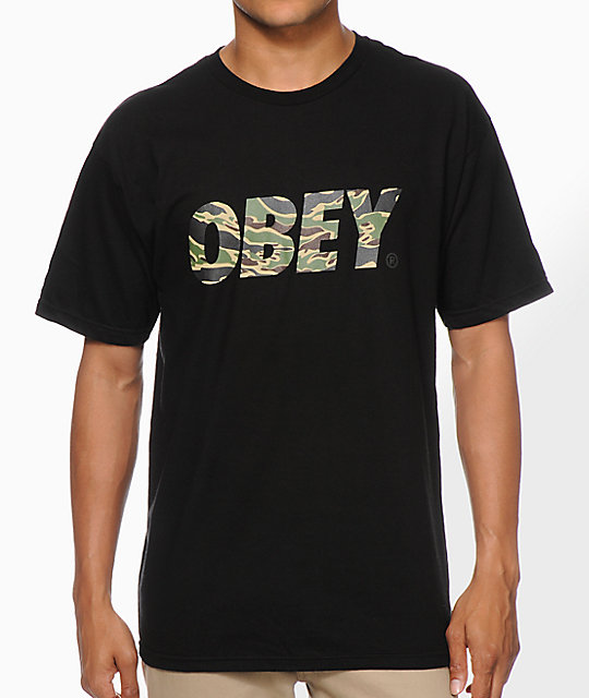 Obey Tiger Camo Font Camiseta Negra - roblox t shirt obey