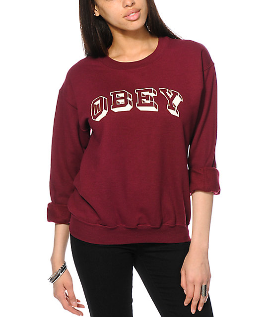 Obey University Burgundy Crew Neck Sweatshirt | Zumiez