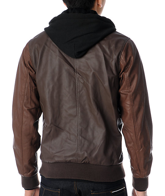 Obey Varsity Brown Faux Leather Hooded Bomber Jacket | Zumiez