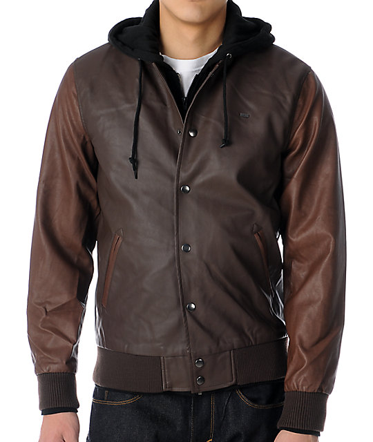 Obey Varsity Brown Faux Leather Hooded Er Jacket Zumiez Obey Varsity Brown Faux Leather Hooded Er Jacket