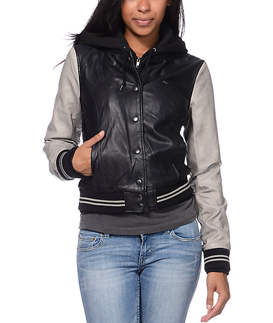 Obey Varsity Lover Black Grey Faux Leather Jacket
