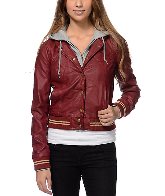Obey Mens Leather Jacket Zumiez Cairoamani Com Obey Varsity Lover Burdy Hooded Faux Leather Jacket Zumiez