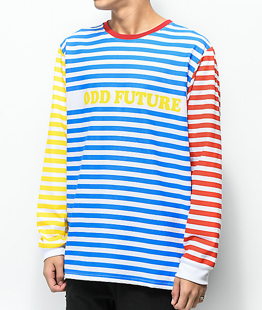 blue and yellow striped long sleeve shirt