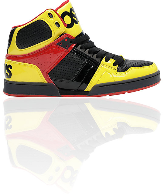 red black and yellow shoes
