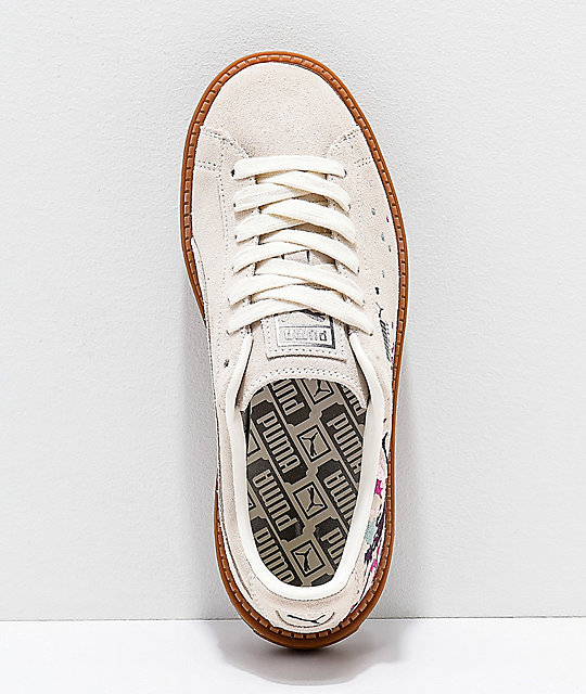 puma suede platforms in white with embrodiery