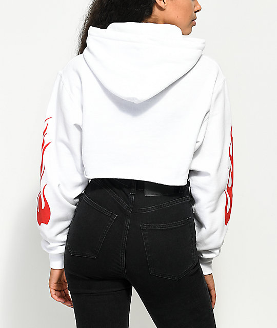 white hoodie with red sleeves