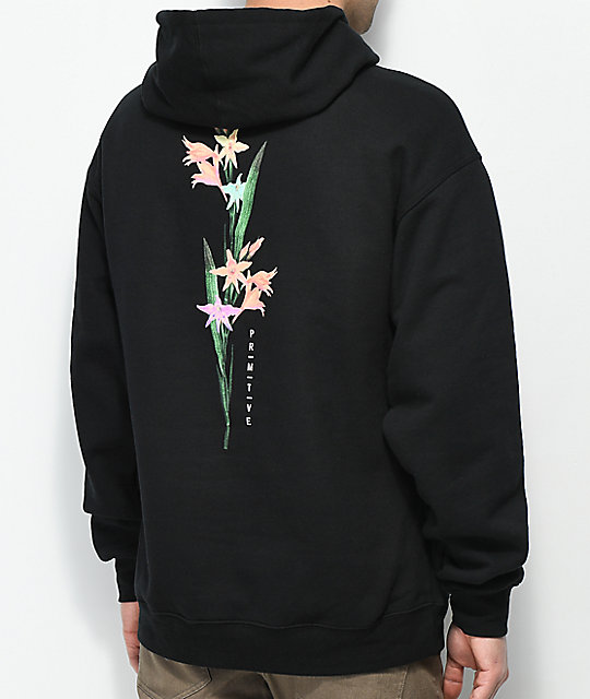 black hoodie with flowers