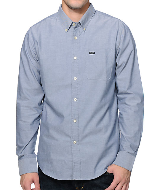 blue long sleeve button up shirt