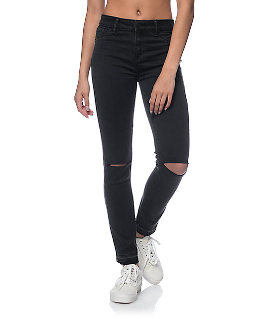 Rewash Black Silk Velvet Destroyed Released Hem Jeans