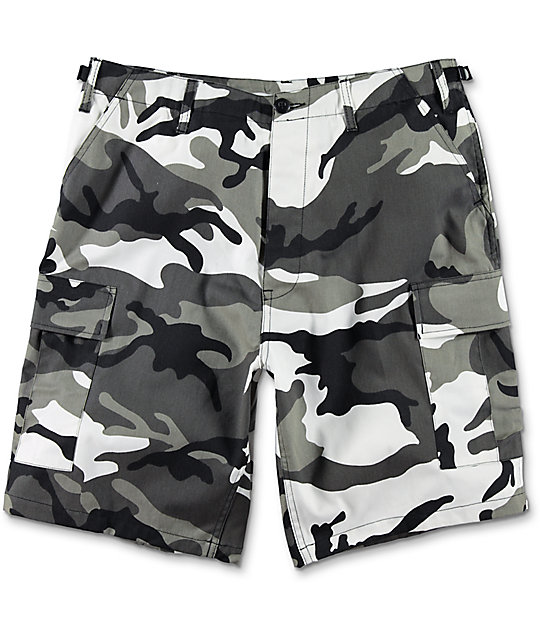 black and grey camo cargo shorts