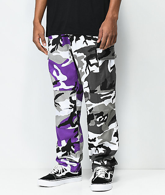 purple black and white camo pants