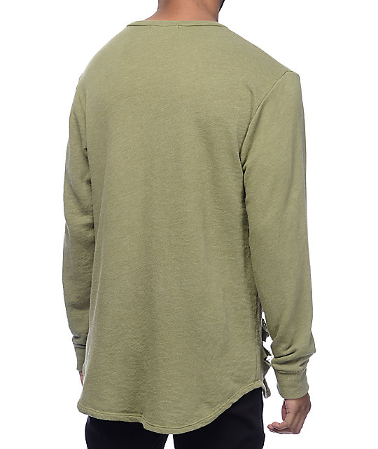 Rustic Dime Distressed Olive Long Sleeve Knit Sweatshirt | Zumiez