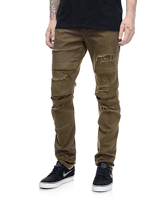 Rustic Dime Knee Seam Ripped Olive Jeans