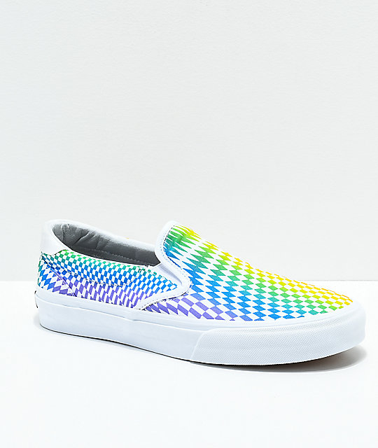 rainbow checkered slip on vans