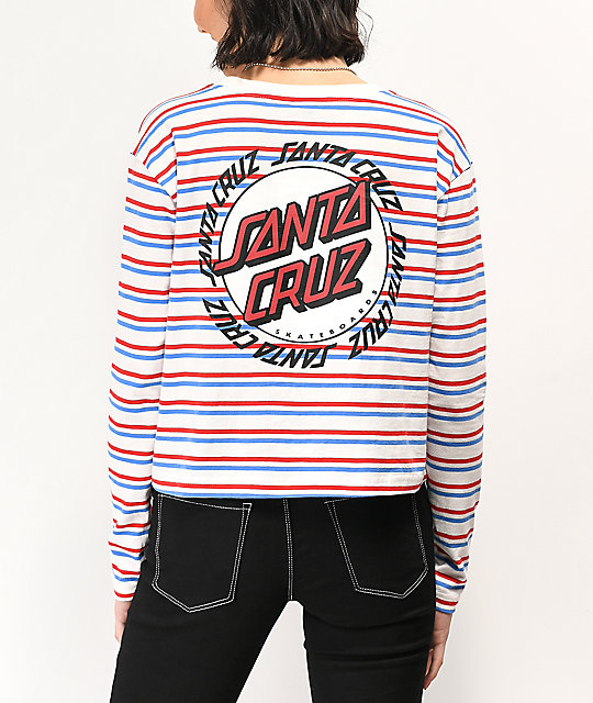 Santa Cruz Ringed Cali Dot White Blue Red Striped Long Sleeve T