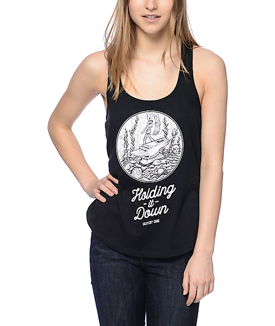 Sketchy Tank Hold It Down Black Racerback Tank Top