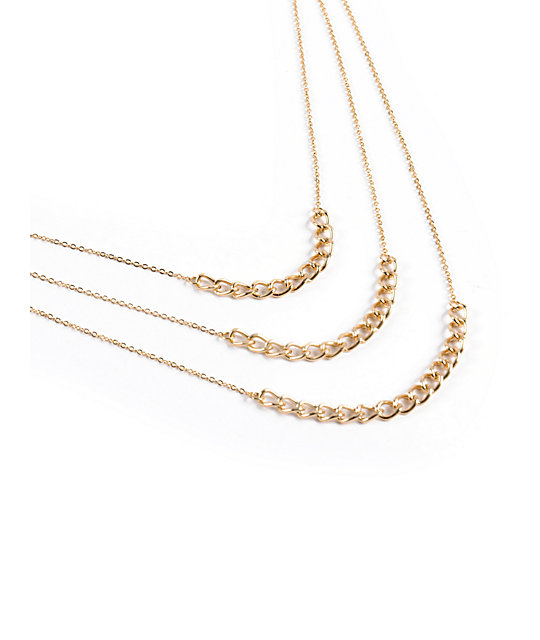 Stone + Locket 3 Tier Gold Chain Necklace
