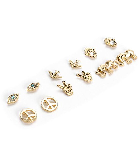 Stone Locket Gold Hamsa Elephant Multipack Stud Earrings Zumiez Stone Locket Gold Hamsa Elephant Multipack Stud Earrings