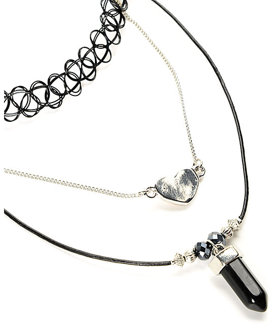Stone + Locket Silver Heart Tattoo & Stone Choker Necklace 3 Pack | Zumiez