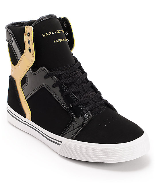 Supra Kids Skytop Black & Gold Leather Skate Shoes | Zumiez