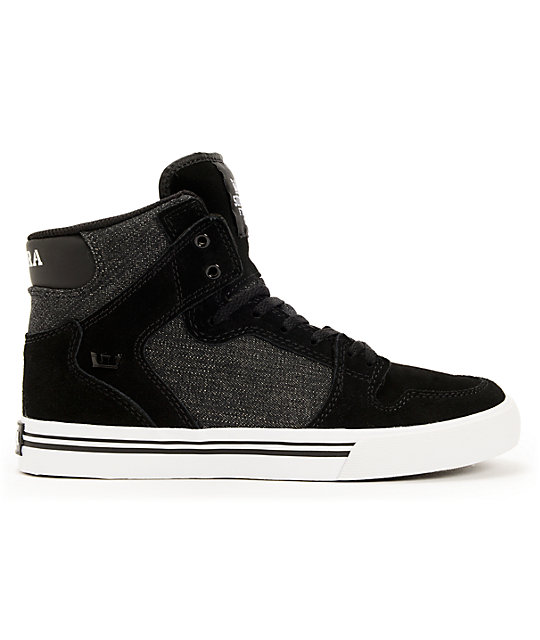 Supra Kids Vaider Black Denim & White Skate Shoes | Zumiez