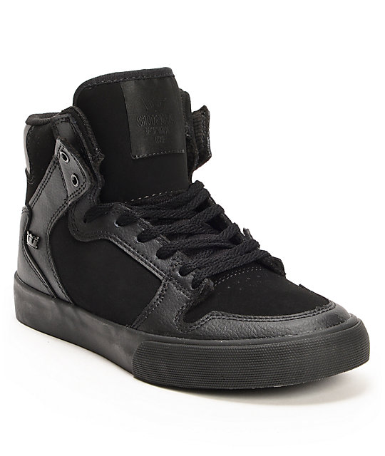 Supra Kids Vaider Black Leather Skate Shoes | Zumiez